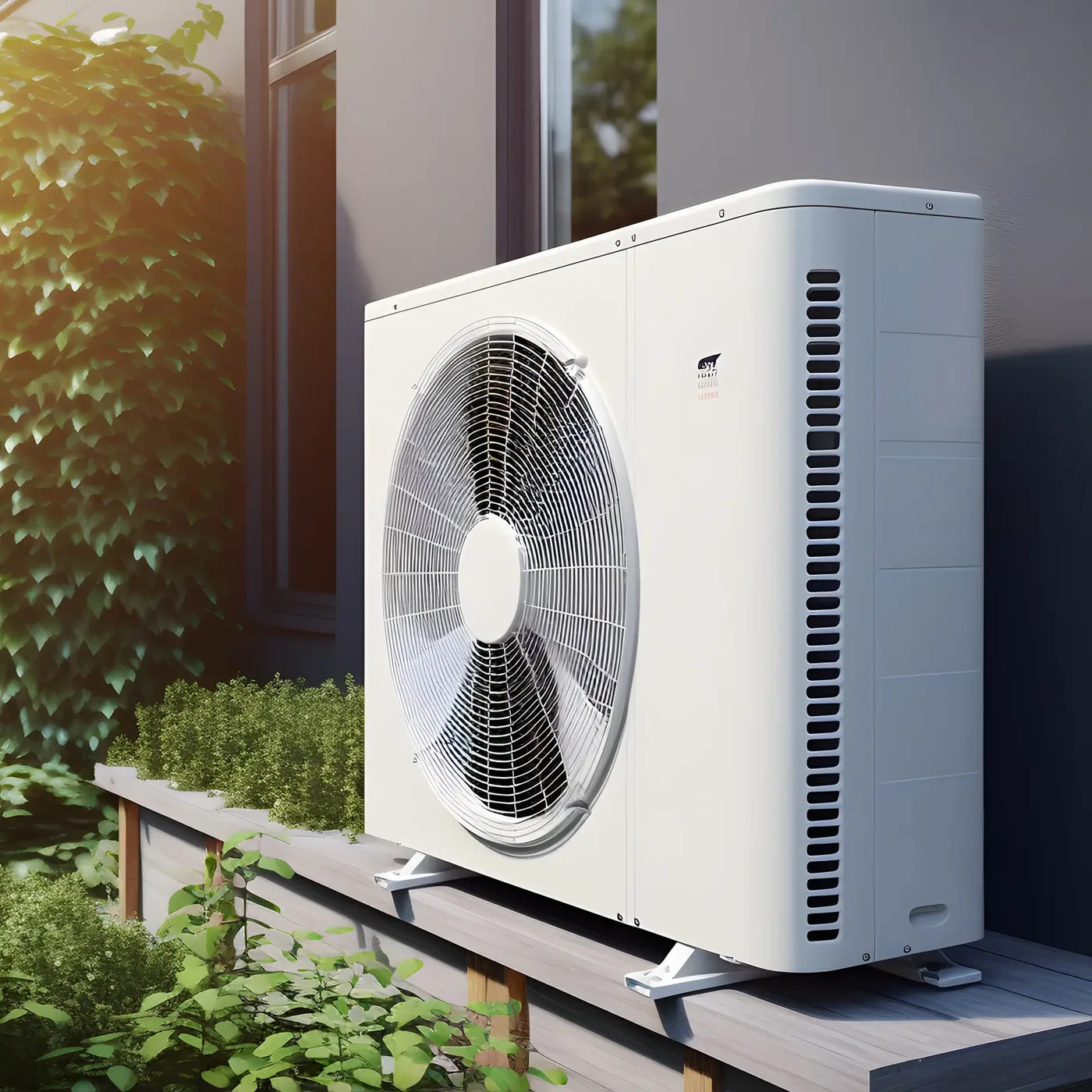 Airco-buitenunit in een zonnige tuin